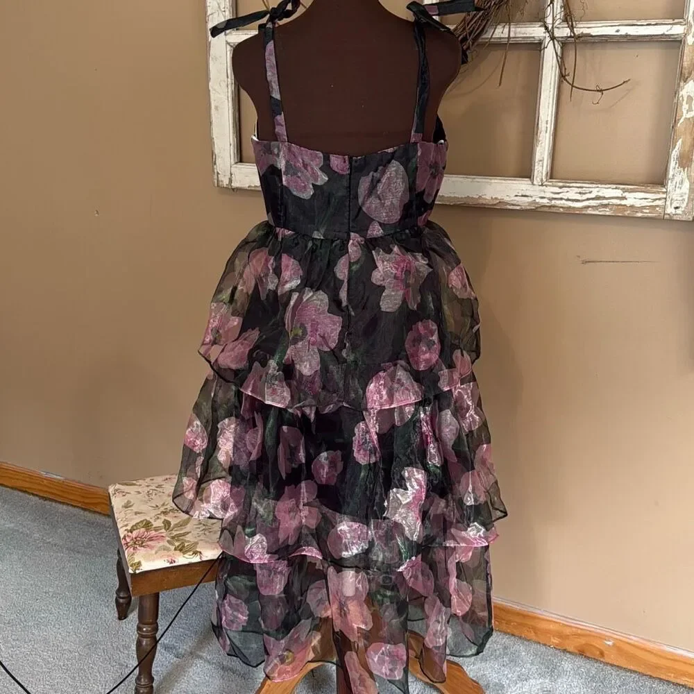 Lulus tiered black floral midi dress size large tie straps whimsigoth fairy dark - Picture 5 of 12